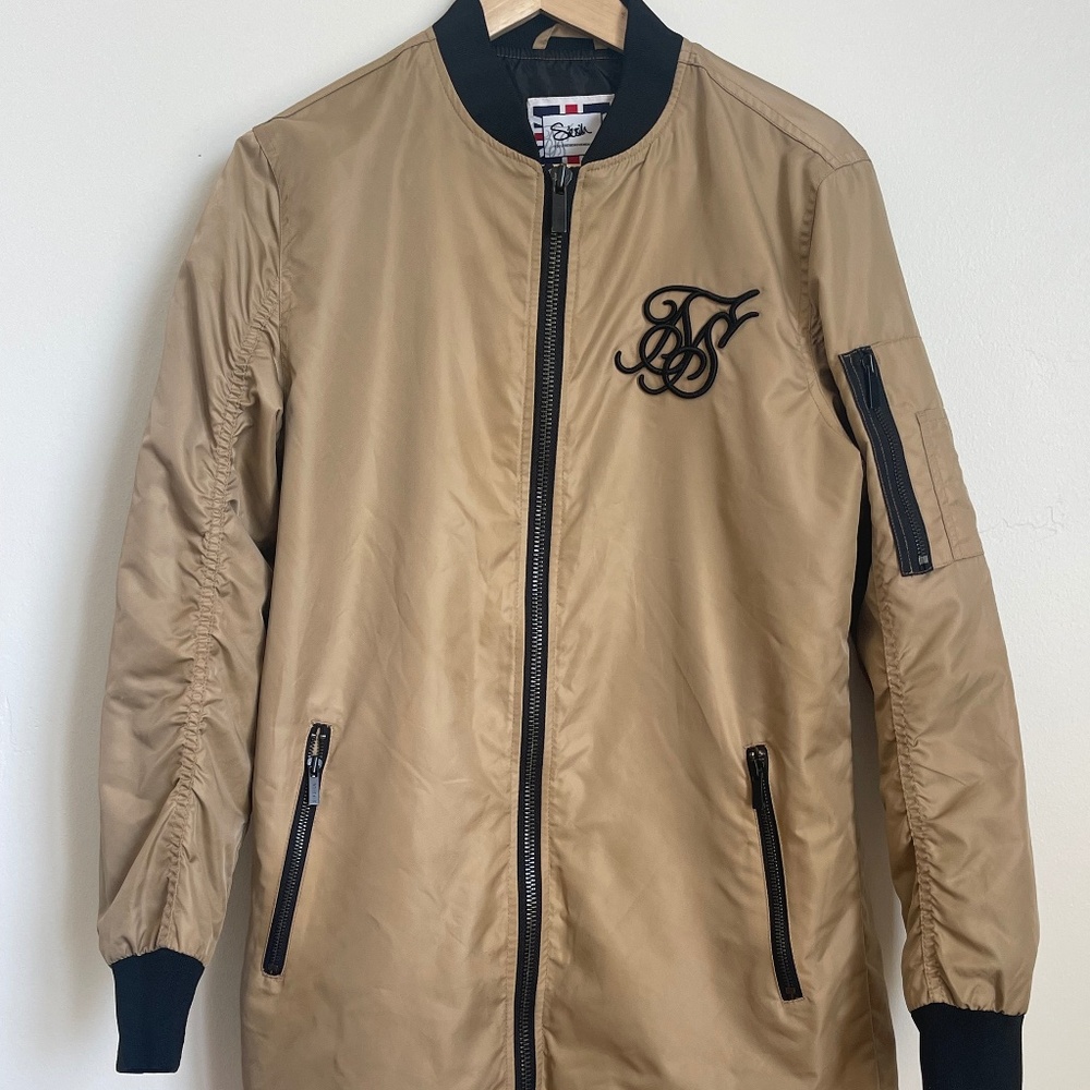 Siksilk Longline Bomber Khaki Beige Black Men's Streetwear Jacket Small